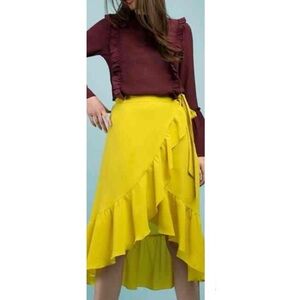 NEW Boutique Womens Ruffle Midi Skirt M Chartreuse Green Hi Low Beachy Boho‎